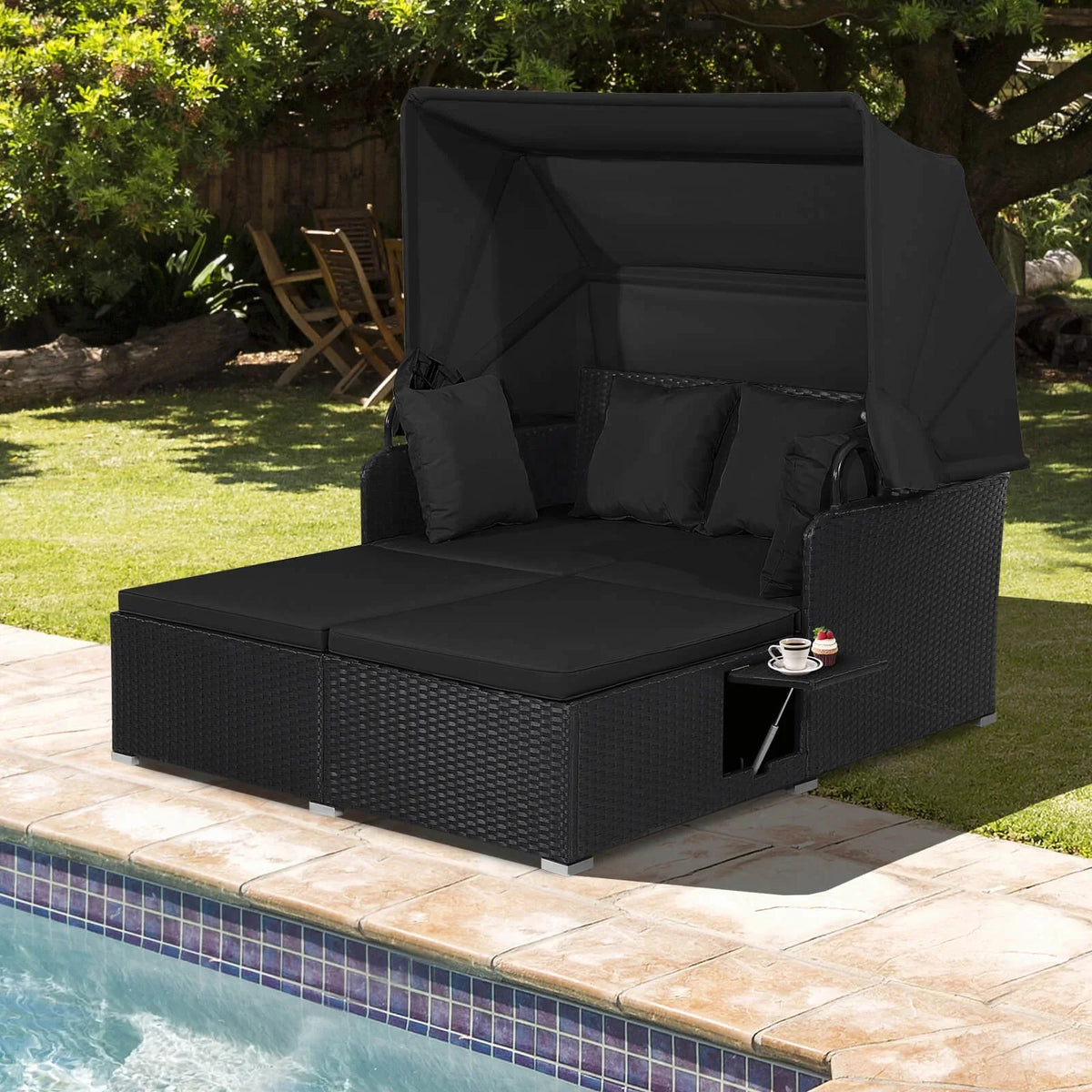 Costway Patio Rattan Daybed Lounge Retractable Top Canopy Side Tables Cushions Red
