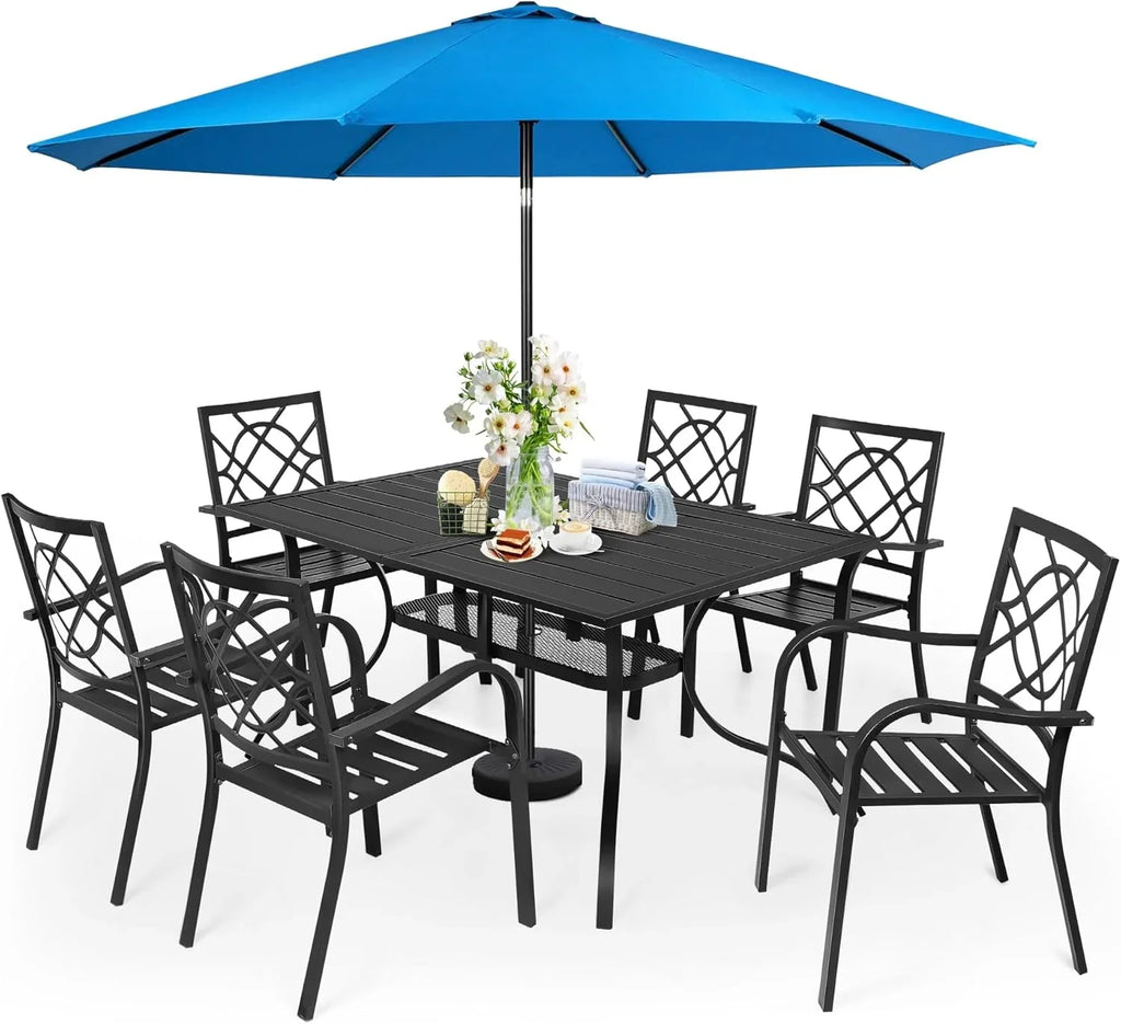 SUNCROWN 5-Piece Outdoor Wrought Iron Chairs and Table Patio Dining Furniture Set - 4 Stackable Metal Chairs, 1 Steel Slat Bistro Table and 1 Sky Blue 9Ft Patio Umbrella for Garden Backyard Deck