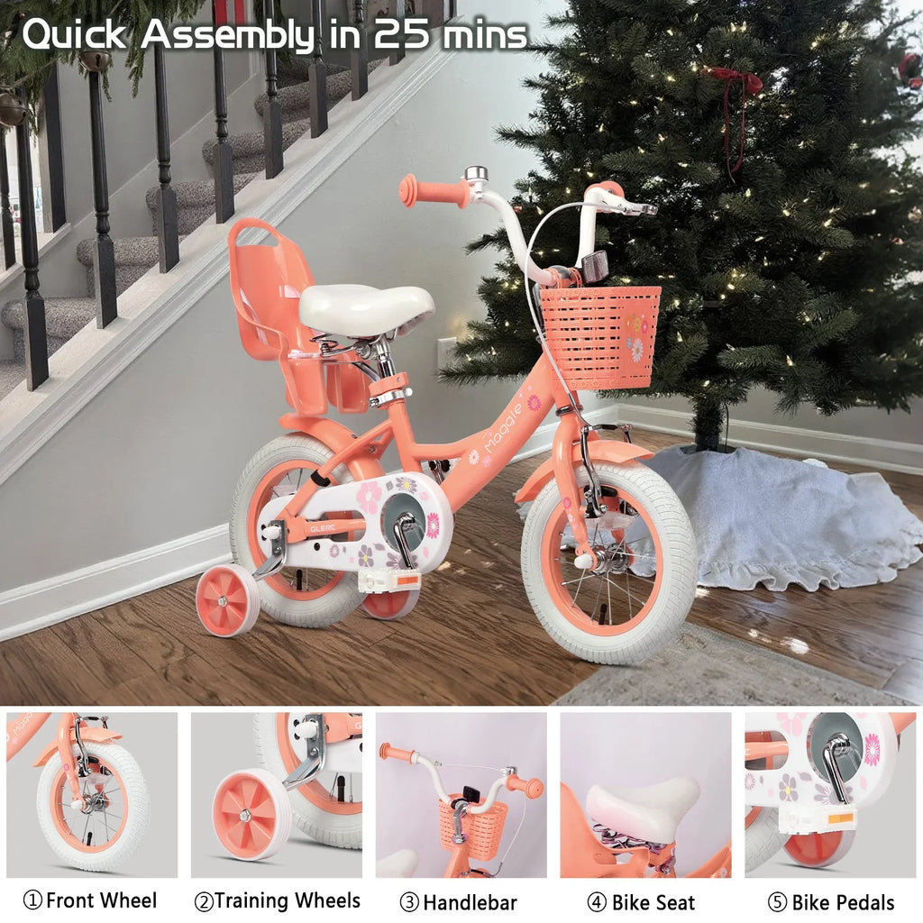 Glerc Maggie 12 inch Kids Girls Bike for Ages 2-4 Years Child, Peach