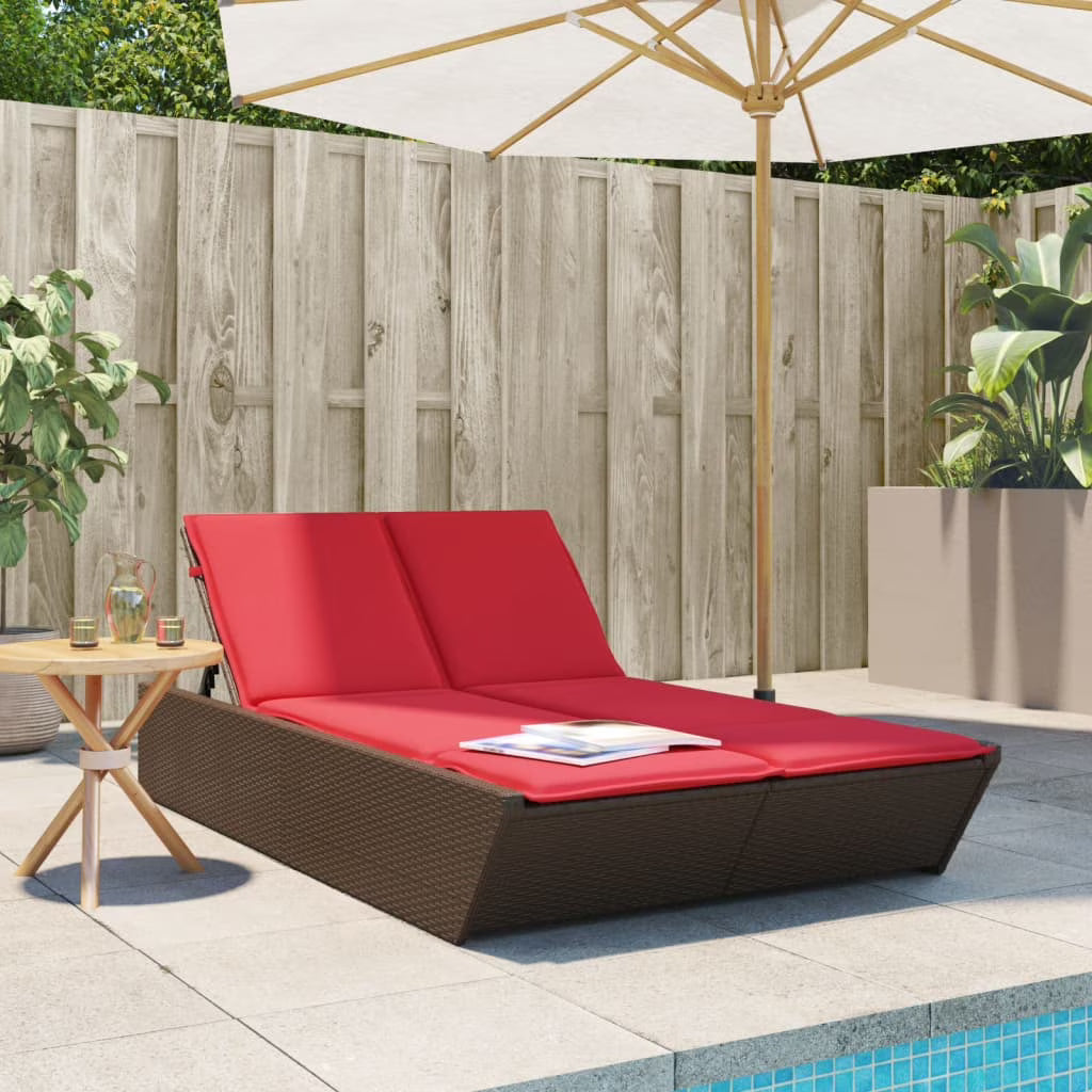 vidaXL Double Sun Lounger with Cushions Outdoor Poly Rattan Brown/Gray/Black