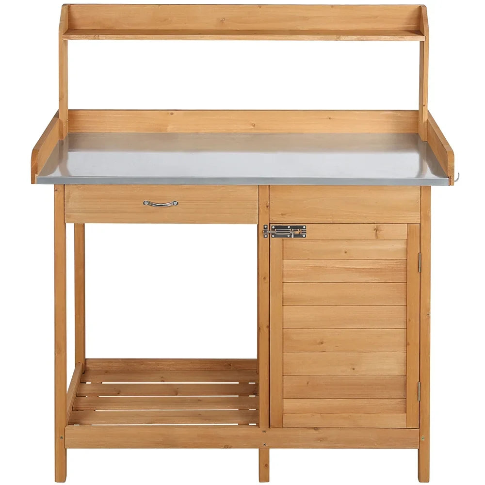 Renwick Outdoor Garden Potting Bench W/Cabinet Drawer Open Shelf, Gray