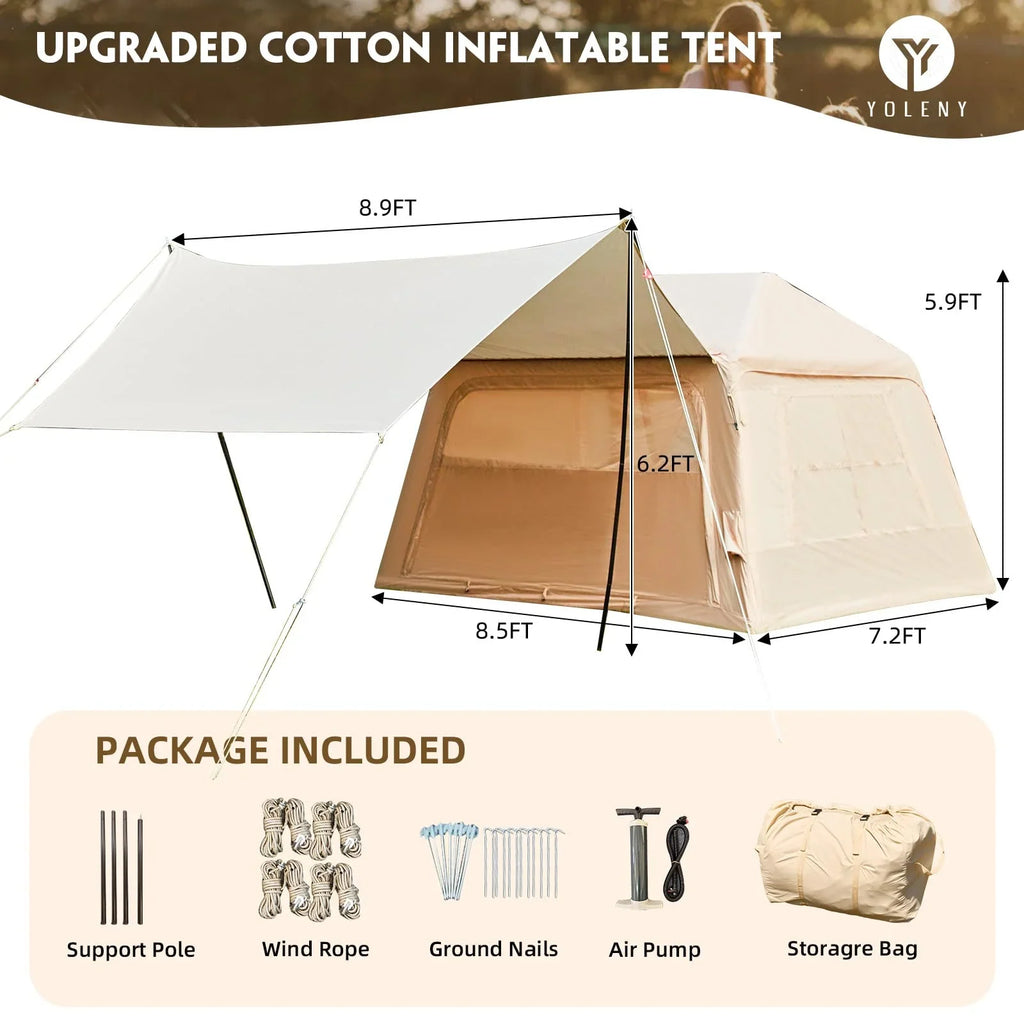 Erommy 3-4 Person Inflatable Tents for Camping with Large Rainproof Cover, Blow-Up Tent with Hand Pump, Easy Setup Tent House, Air Tent for Camping Adult,Beige