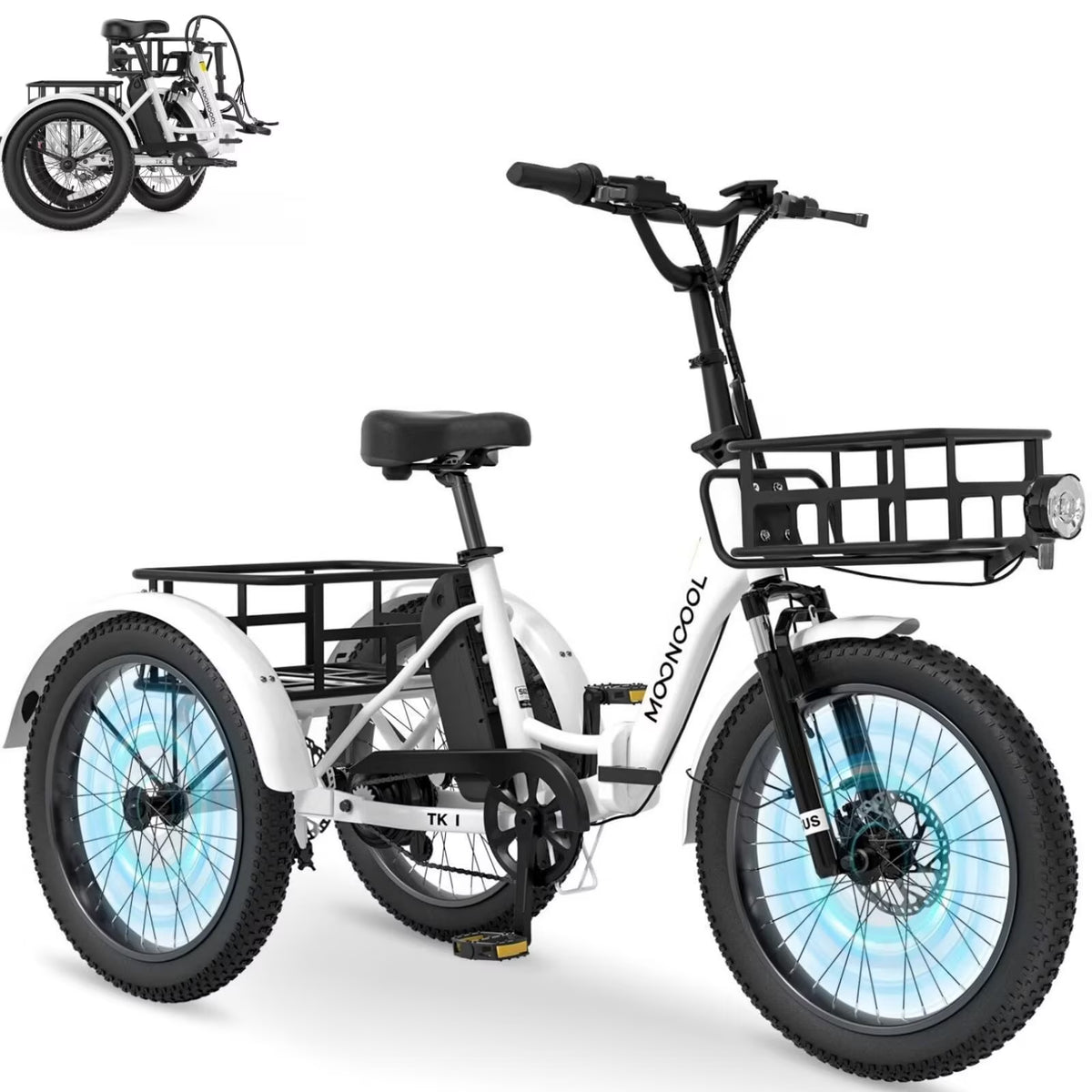 MOONCOOL TK1 Folding Electric Tricycle for Adults,48V 14.5Ah Removable battery, 500W"Peak 1000w"Motor, 20" Fat Tire Step-Thru 3Wheel Electric Bicycle w/Front&Rear Baskets, Certified to UL 2849 by SGS