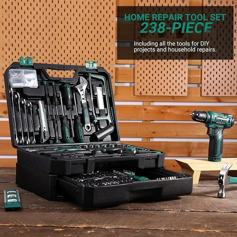 MY Tool Set: 12V Cordless Drill Kit with Hand Toolbox and Storage Case, Mechanic Tool Set for Home Repairs, Portable Power Drill and Tools, Green