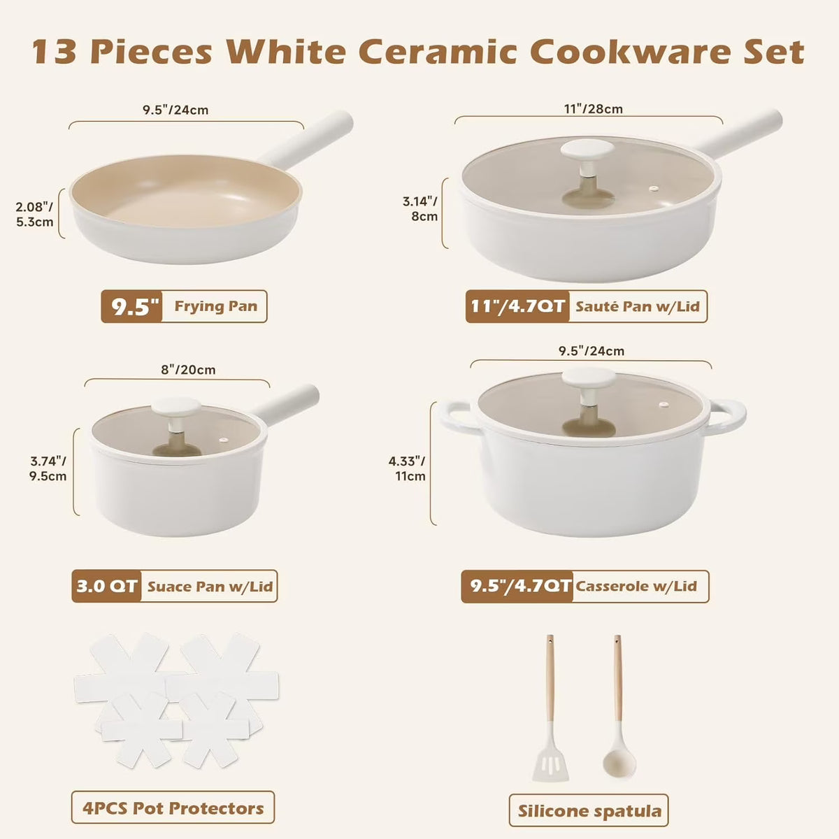 Ceramic Cookware Set, 13 Pcs Nonstick Pots Pans with Removable Handles, Healthy Oven Safe Cooking Set for Family