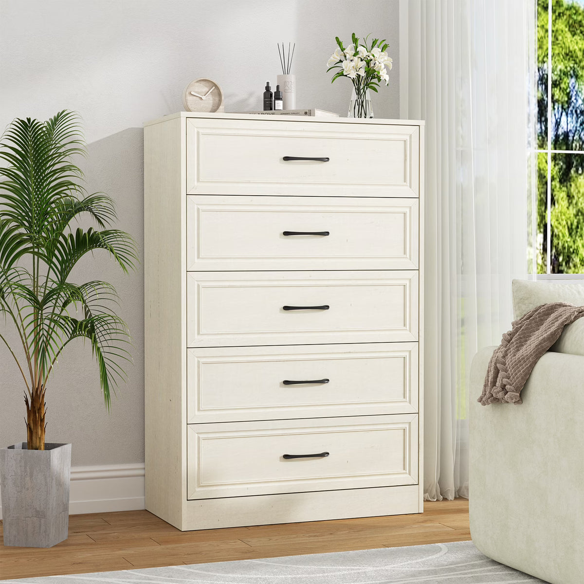 Vabches Farmhouse 5 Drawer Dresser with Metal Handle, Tall Wood Chest of Drawers for Living Room Bedroom,Dark Brown