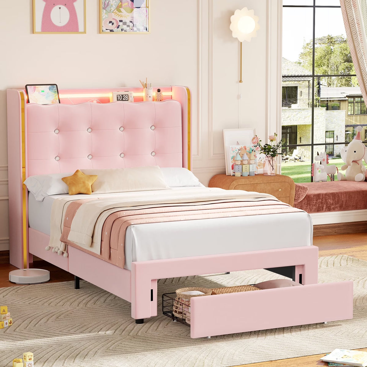 Homfa Twin Size LED Bed Frame with Drawer, Velvet Crystal Button Upholstered Platform Bed Frame with Outlets and USB Ports & Display Platform, No Box Spring Needed, Pink