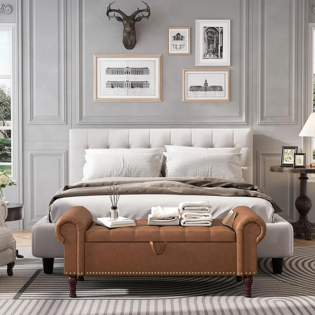 YOUDENOVA Storage Ottoman Bench for Bedroom 51" Queen Leather Storage Bench with Button, Upholstered Bedroom Bench with Rolled Arms for Living Room, Storage Room, Entryway, Gray