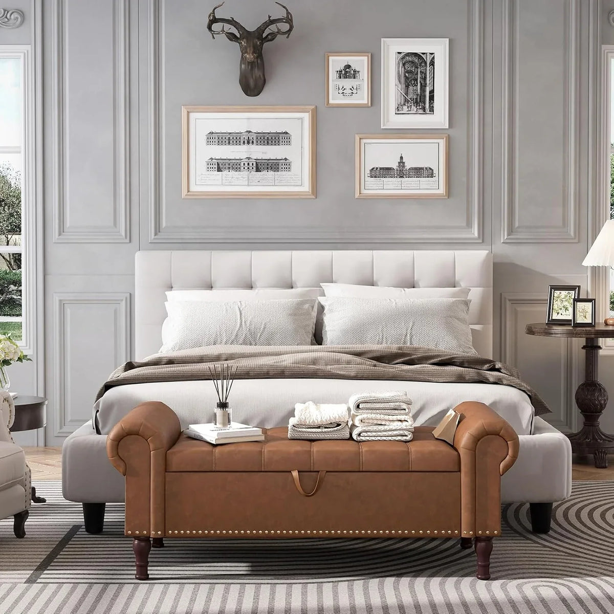 YOUDENOVA Storage Ottoman Bench for Bedroom 51" Queen Leather Storage Bench with Button, Upholstered Bedroom Bench with Rolled Arms for Living Room, Storage Room, Entryway, Gray
