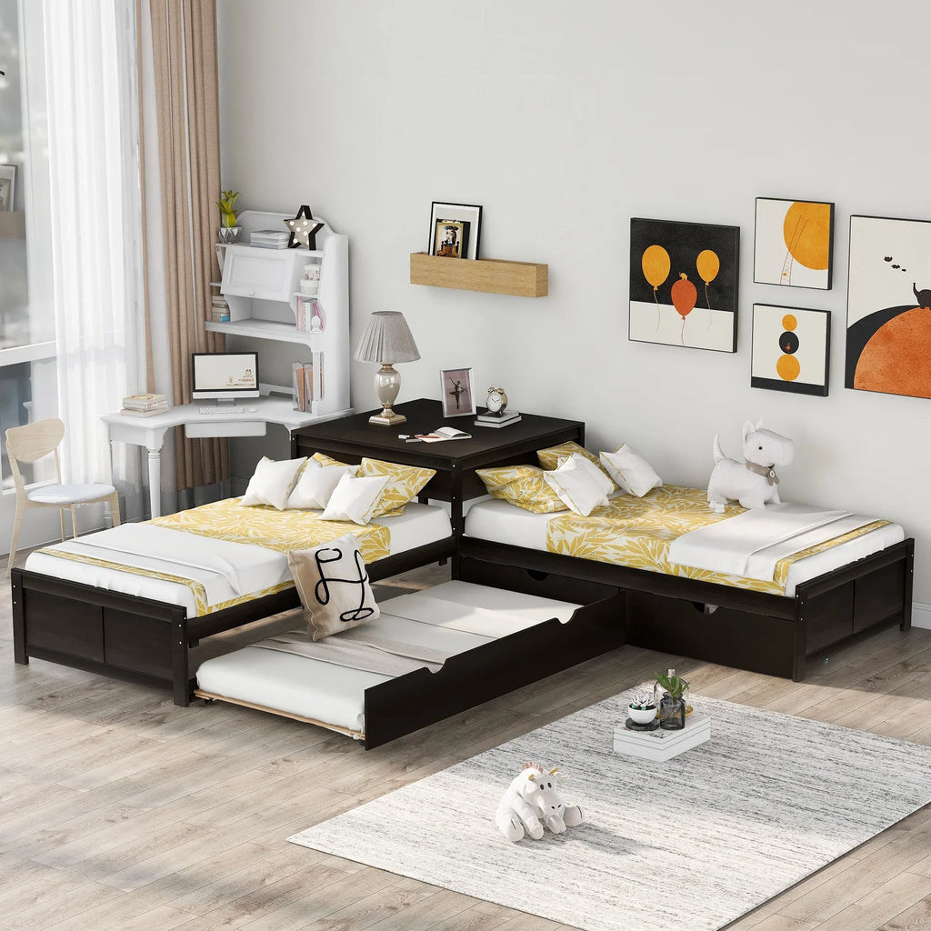 Euroco Wood Twin Size L-Shaped Platform Bed with Square Storage Table for Kids Teens, 2 Platform Beds with Trundle and Drawers for Living Room, 3 Twin Beds, Gray