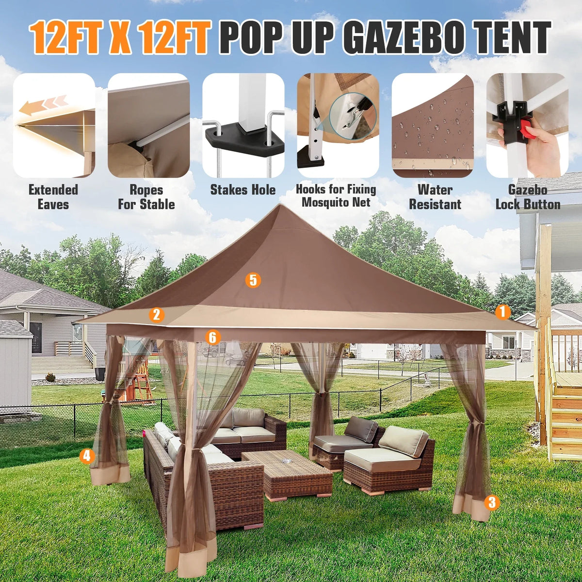 HOTEEL 12x12 Outdoor Pop-up Gazebo Canopy with Mosquito Netting 2-Tiered Vented Top 3 Adjustable Height for Backyard, Garden, Lawn,Light Grey