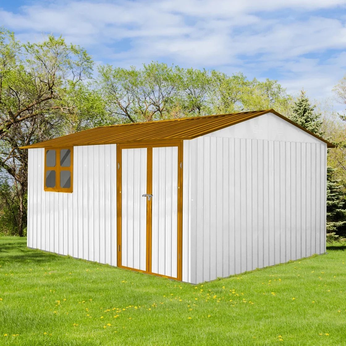 10x12 FT Outdoor Storage Shed, Metal Garden Tool Shed with Vents, Window and Bulit-in Hooks, Waterproof Organization for Home/Backyard/Garden Tools/Lawn Storage, Yellow+White