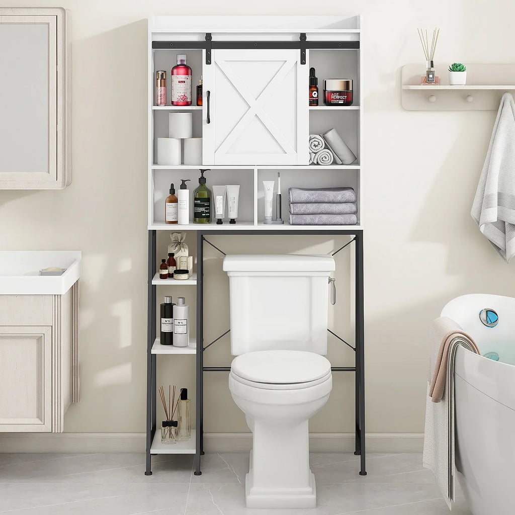 Vabches Over The Toilet Storage Cabinet with Sliding Door and Integrated Toilet Paper Holder, Ideal for Bathrooms, Restrooms, and Laundry Rooms.