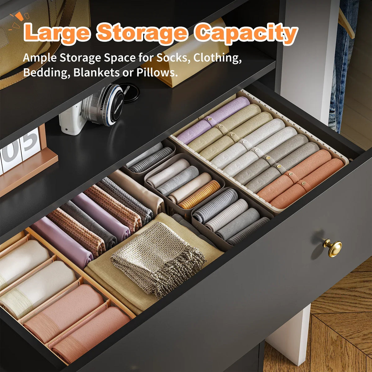 4-Drawer Black Wood Dresser with LED Lights,Modern Chest of Drawers for Bedroom,Living Room