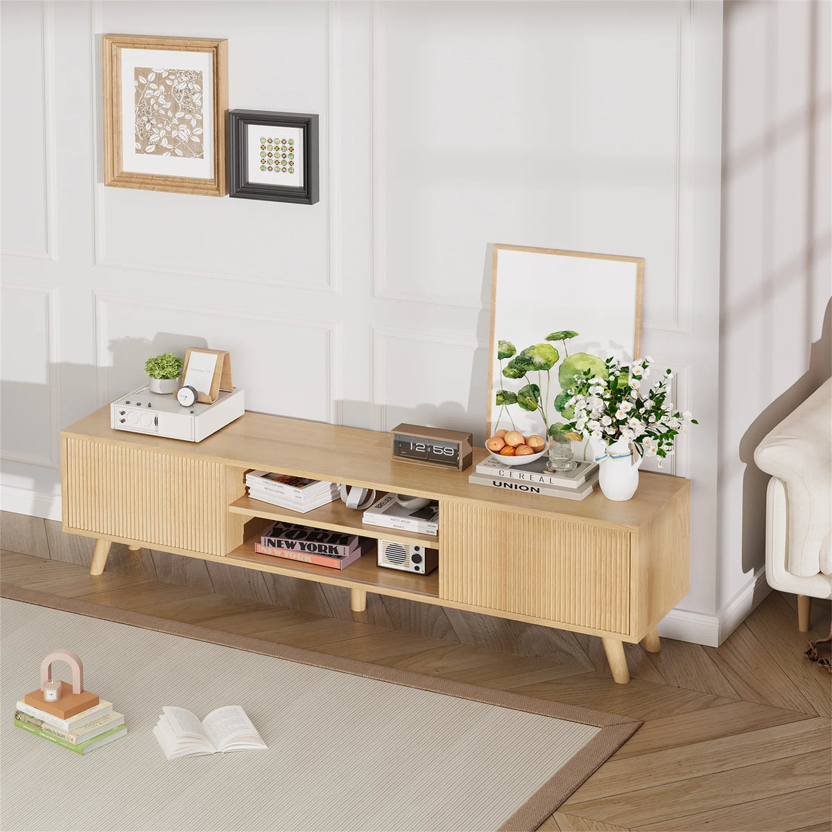 Planntonneo Mid-Century Modern Fluted TV Stand Wooden Media Console Entertainment Center for Living Room, Walnut Color