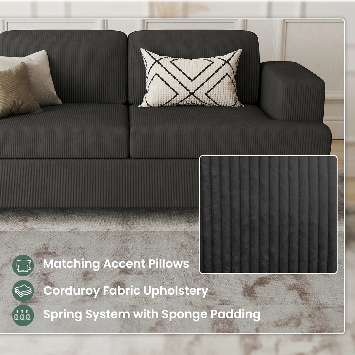 LUMIHO 89" Modern Corduroy Sofa,3 Seater Couches for Living Room, Bedroom,with Deep Seat,beige