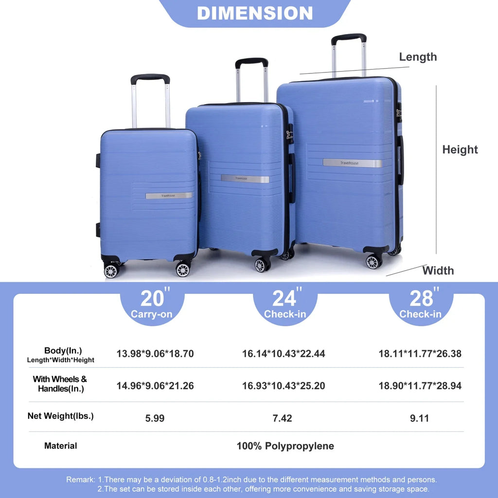 Lightweight PP Suitcase Sets with Spinner Wheels TSA Lock, Hardshell Luggage Sets for Travel Trips, 3-Piece Set (20in/24in/28in), Light Green