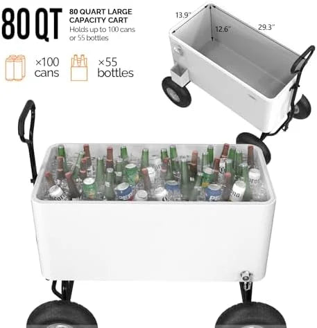 80 Quart Wagon Rolling Cooler Ice Chest, /Long Handle and 10" Wheels, Portable Beach Patio Party Bar Cold Drink Beverage, Outdoor Park Cart on Wheels
