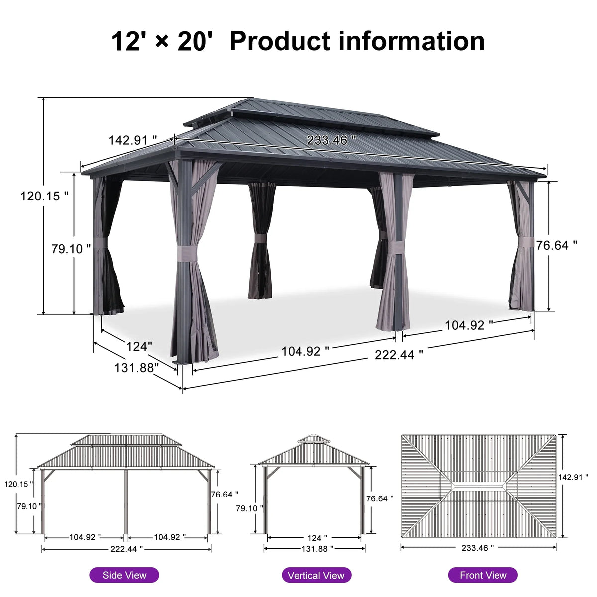 PURPLE LEAF 8' X 8' Gazebo Outdoor Gazebo Permanent Hardtop Gazebo with Galvanized Steel Double Roof for Patio Backyard Deck Aluminum Gazebo with Netting and Curtains Grey