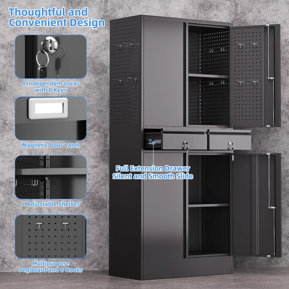 GAEANET 2 Door Metal Storage Cabinet with 5 Adjustable Shelves &Pegboard, 71" H"32" W"16" D Locking Steel Garage Cabinet, for Garage,Office,Home,Gym,School, File Cabinet,Assembly Required, Black