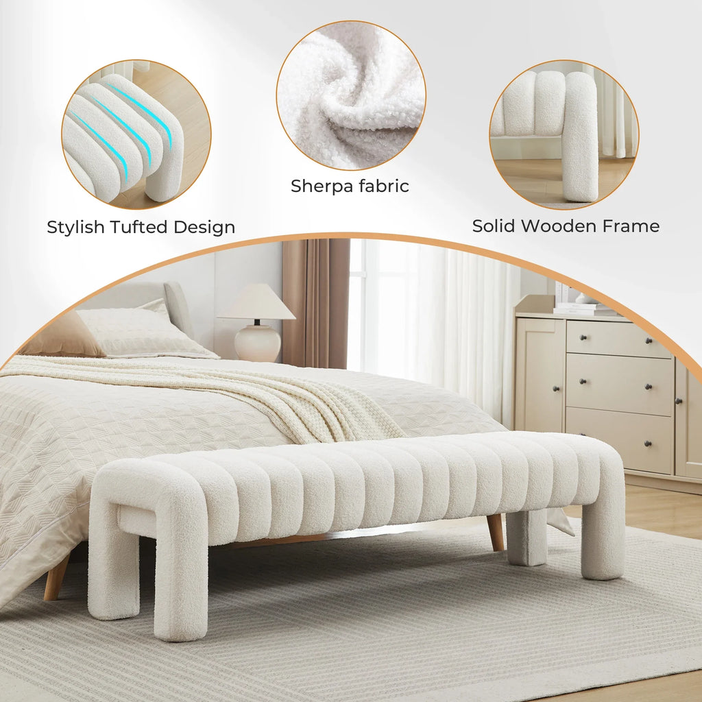 Zesthouse 63" End of Bed Bench, Linen Tufted Upholstered Ottoman Bench with Padded Seat and Solid Wood Leg, Modern Entryway Bench for Bedroom, Living Room, Beige