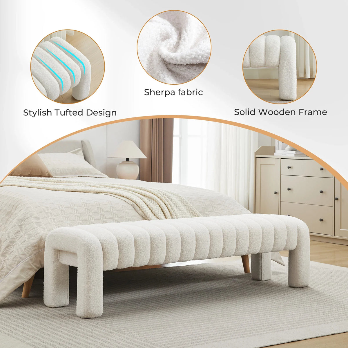 Zesthouse 63" End of Bed Bench, Linen Tufted Upholstered Ottoman Bench with Padded Seat and Solid Wood Leg, Modern Entryway Bench for Bedroom, Living Room, Beige