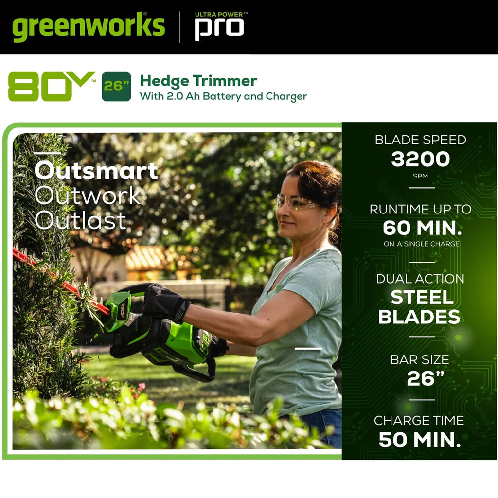 Greenworks 80V 26" Brushless Hedge Trimmer with (1) 2Ah Battery & 4Ah Charger 2203902