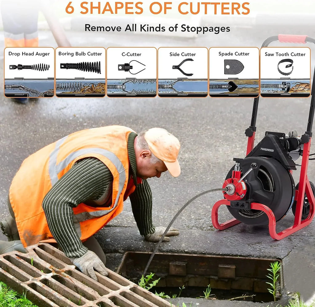 75Ft x 1/2 Inch Drain Cleaner Machine, Auto-feed Electric Drain Auger Professional for 2 to 4 Inch Pipes, with 6 Cutters, Glove, Drain Auger Cleaner Sewer Snake
