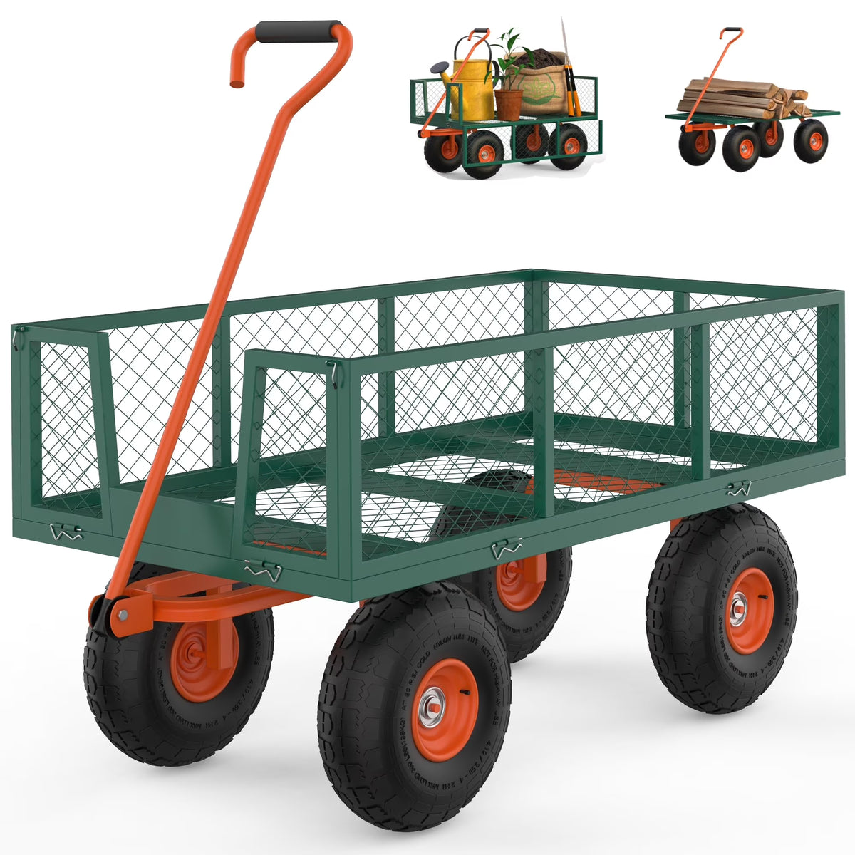 Heavy Duty Steel Garden Cart, Garden Wagon Cart on Wheels, Outdoor Metal Yard Utility Wagon Carts w/Adjustable Handle & Removable Sides(Convert to Flatbed)