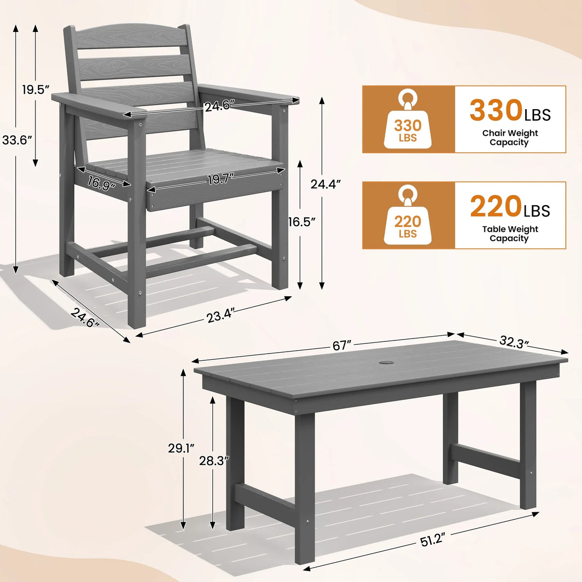 KINGYES 7-Piece Outdoor Dining Set, HDPE Patio Table and Chairs with Umbrella Hole, Gray