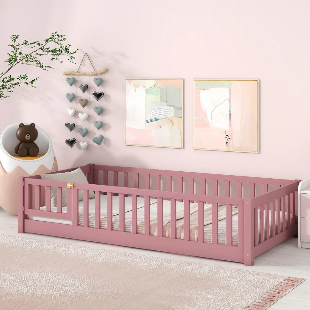 Bellemave Twin Size Floor Beds, Wood Montessori Bed with Fence Railings & Support Slats, No Box Spring Needed (Gray"