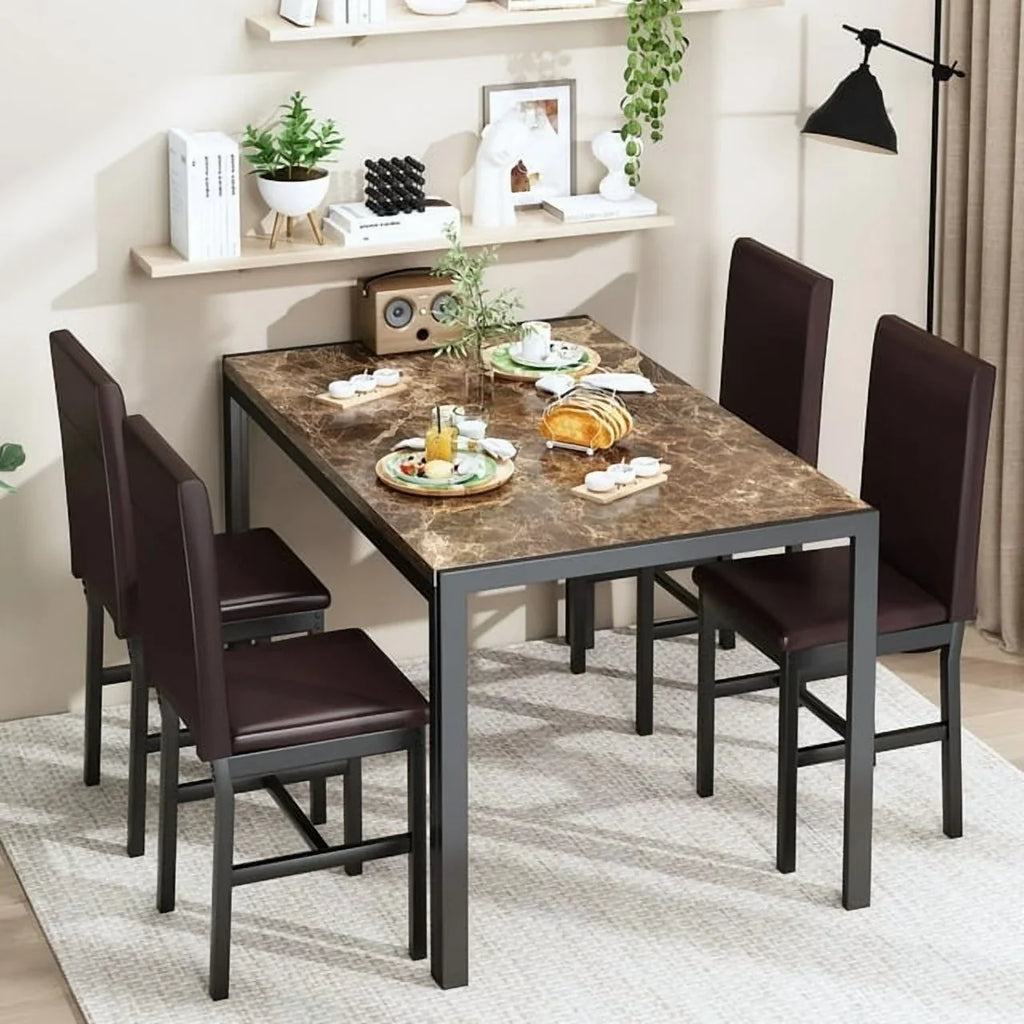 AWQM Dining Table Set of 4, Faux Marble 5 Piece Dining Room Table Set with PU Leather Chairs, Rectangular Kitchen Table Set for Apartment, Dining, White