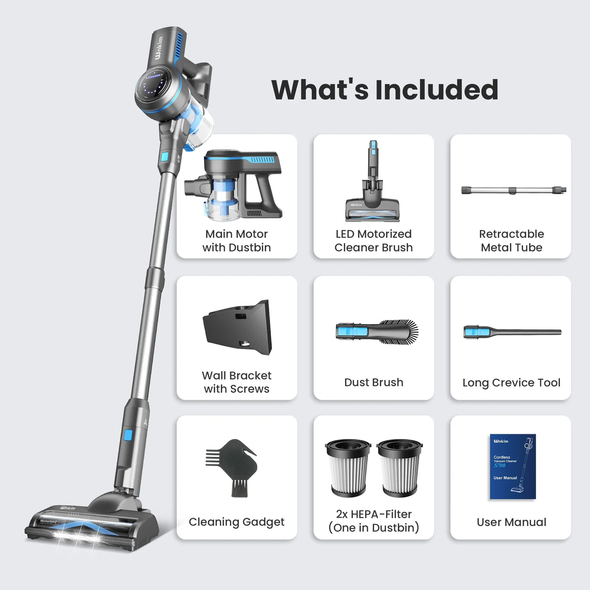 Wnkim Cordless Stick Vacuum Cleaner, 25Kpa, HEPA Wet/Dry Vacuum Cleaner for Hardwood Pet Hair Carpet