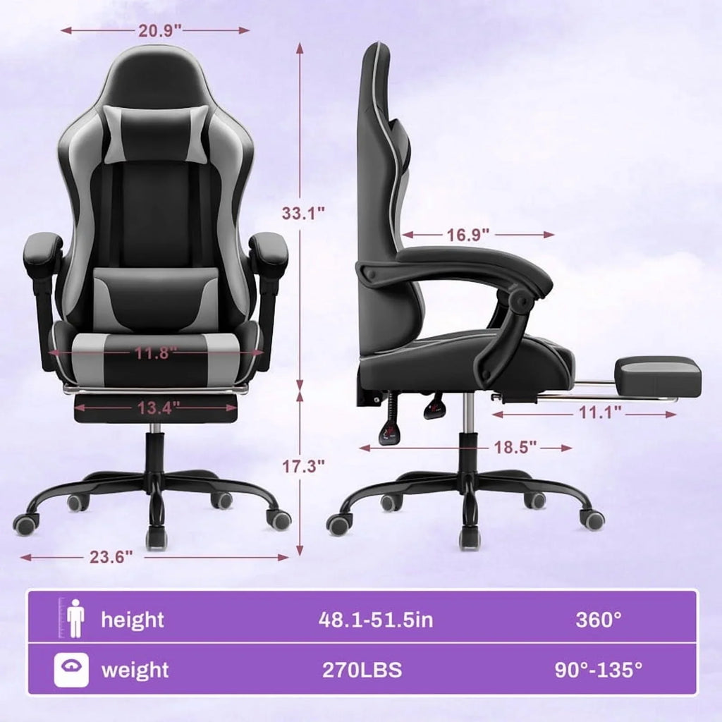 Lacoo PU Leather Gaming Chair Massage Ergonomic Gamer Chair Height Adjustable Computer Chair with Footrest & Lumbar Support, White
