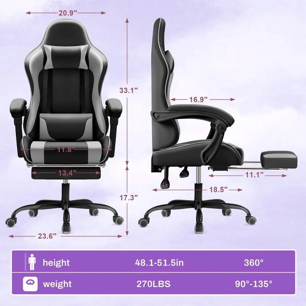 Lacoo PU Leather Gaming Chair Massage Ergonomic Gamer Chair Height Adjustable Computer Chair with Footrest & Lumbar Support, White