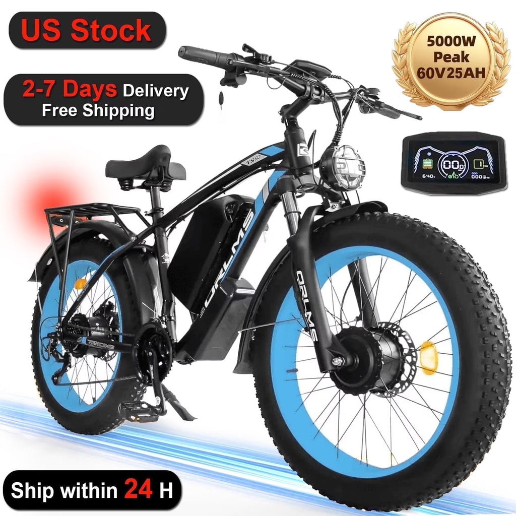 (US in Stock) 5000W Peak Dual Motor Electric Bike for Adults, 60V 25AH Removable Battery Ebike, 50MPH AWD 21-Speed Mountain Snow E-Bike with 26" x 4.0 Fat Tire, Long Range Mountain Off-Road EBikes