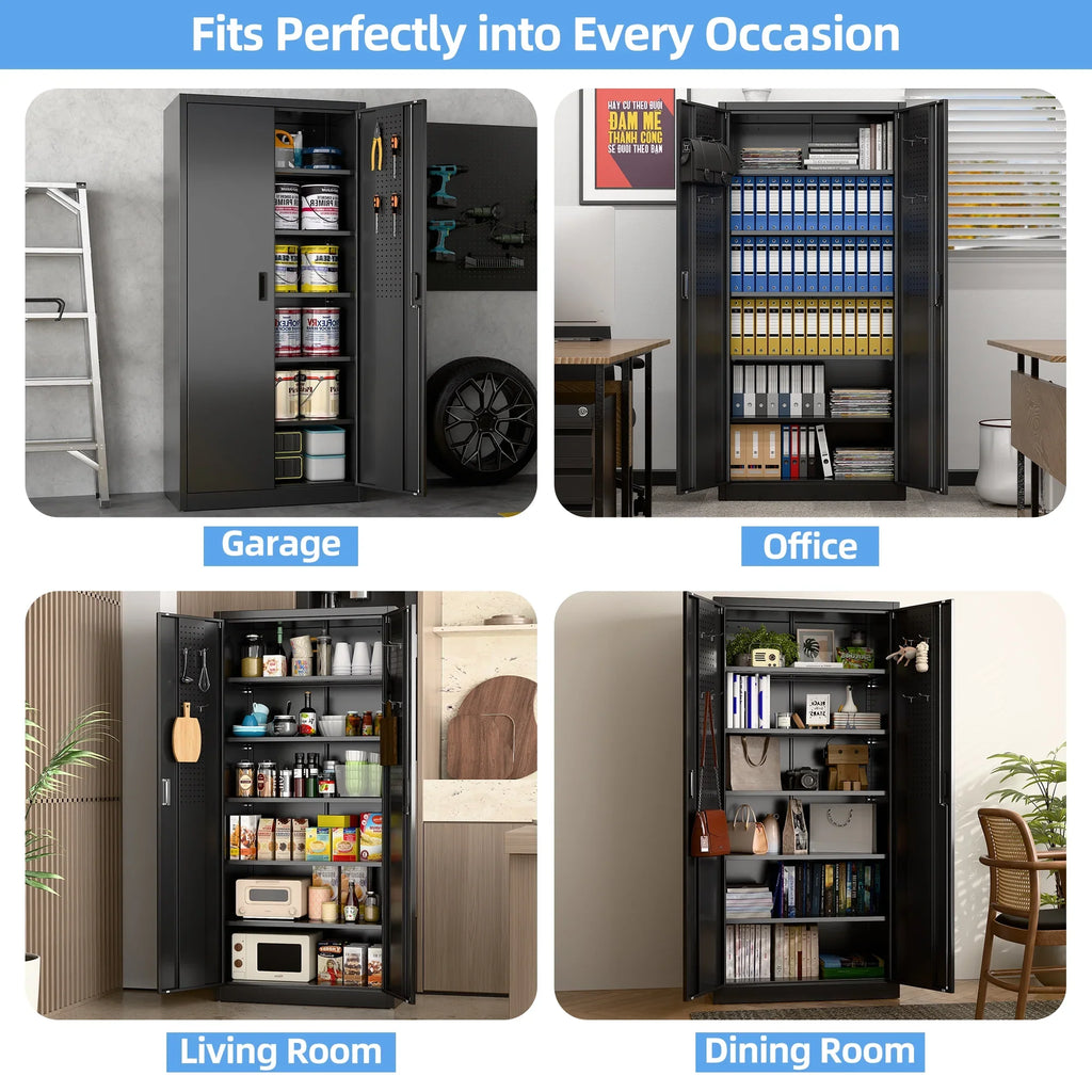 GAEANET 2 Door Metal Storage Cabinet with 5 Adjustable Shelves &Pegboard, 71" H"32" W"16" D Locking Steel Garage Cabinet, for Garage,Office,Home,Gym,School, File Cabinet,Assembly Required, Black