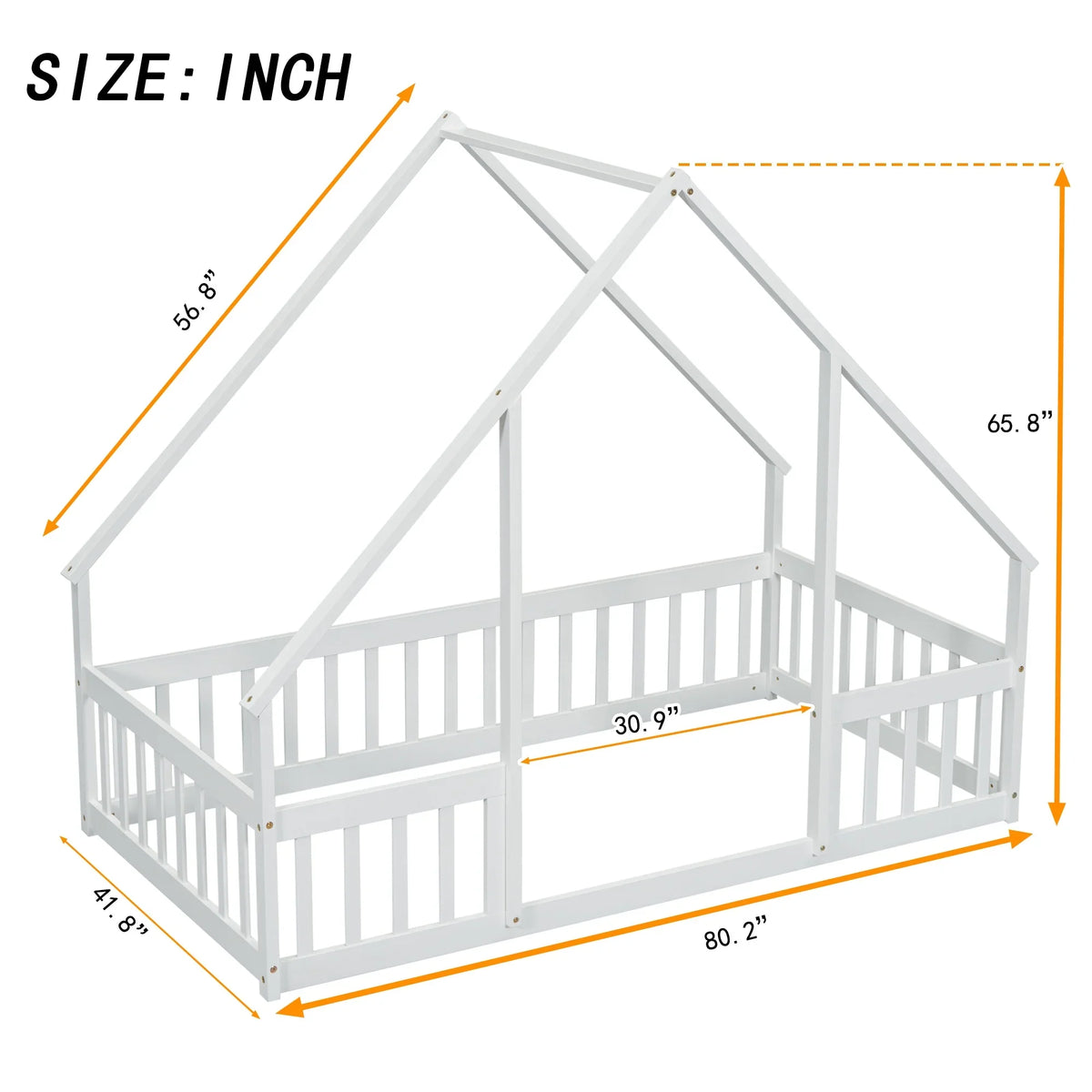 Bellemave Twin Size Floor Bed Frame, Wooden House Bed Twin Size with Fence, Montessori Bed with Guardrails for Bedroom (White)