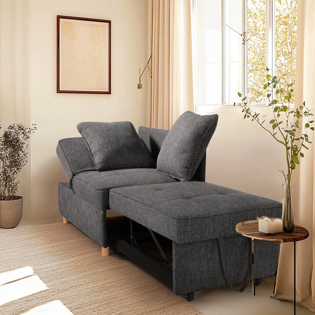 SEJOV 4-in-1 Convertible Sleeper Chair Bed, Linen Sofa Bed for Small Space, Futon Sofa with 2 Throw Pillows for Living Room, Single Recliner with 5 Adjustable Backrest for Bedroom Apartment, Brown