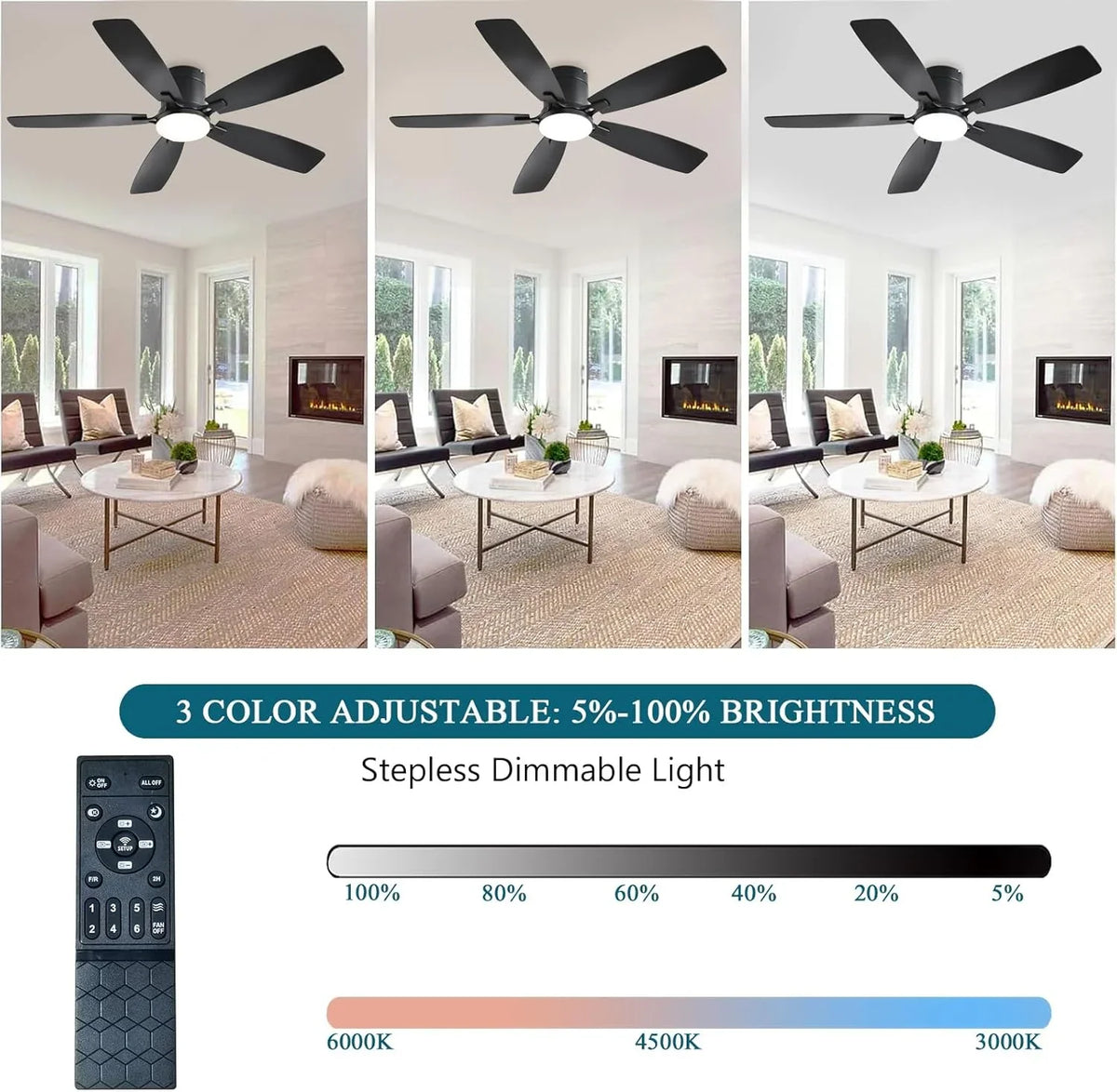 42 Inch Low Profile Ceiling Fans with Lights and Remote, Flush Mount Modern Ceiling Fan, 3 CC T DC Ceiling Fan for Bedroom, Living Room, Brushed Nickel