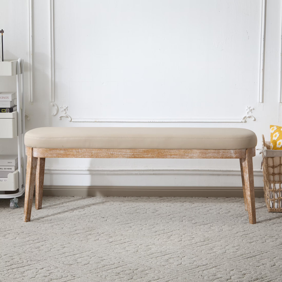Eleanor Mid-century Upholstered Dining Bench, Entryway Bench with Solid Wood Frame, Beige