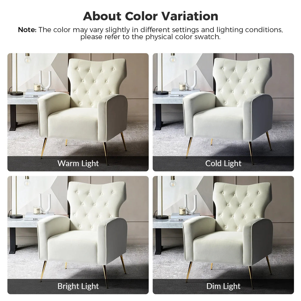 Modern Velvet Accent Chair Upholstered Sofa Armchair Button Tufted Metal Legs Adult Bedroom Home Living Room Grey