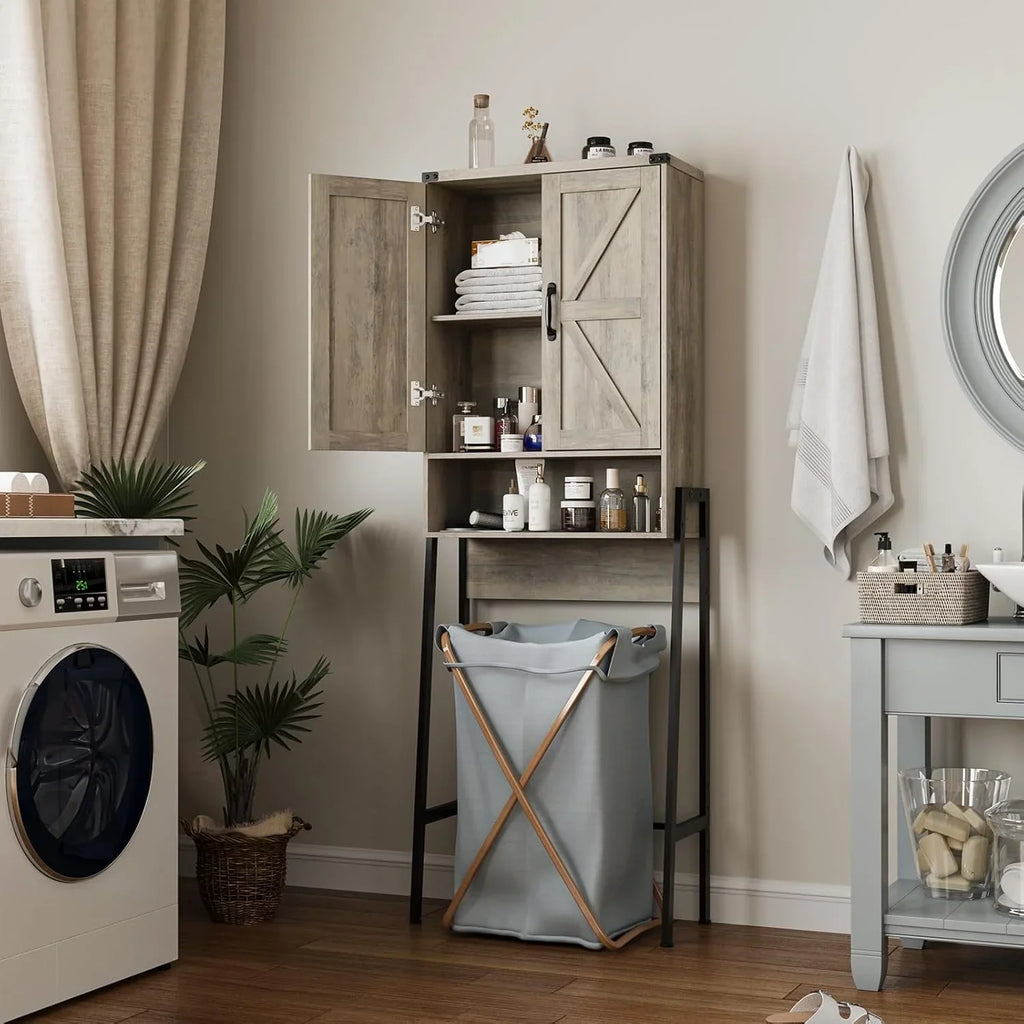 Vabches Over The Toilet Storage Cabinet, 68" H Farmhouse Freestanding Bathroom Storage Organizer with Double Doors & Storage Shelves