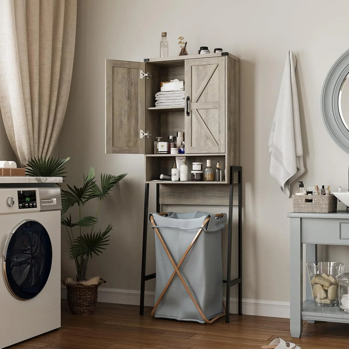 Vabches Over The Toilet Storage Cabinet, 68" H Farmhouse Freestanding Bathroom Storage Organizer with Double Doors & Storage Shelves