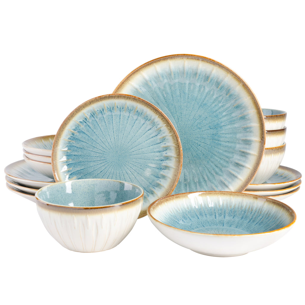 Gibson Elite Mayfair Bay 16 Piece Double Bowl Embossed Reactive Dinnerware a. Blue