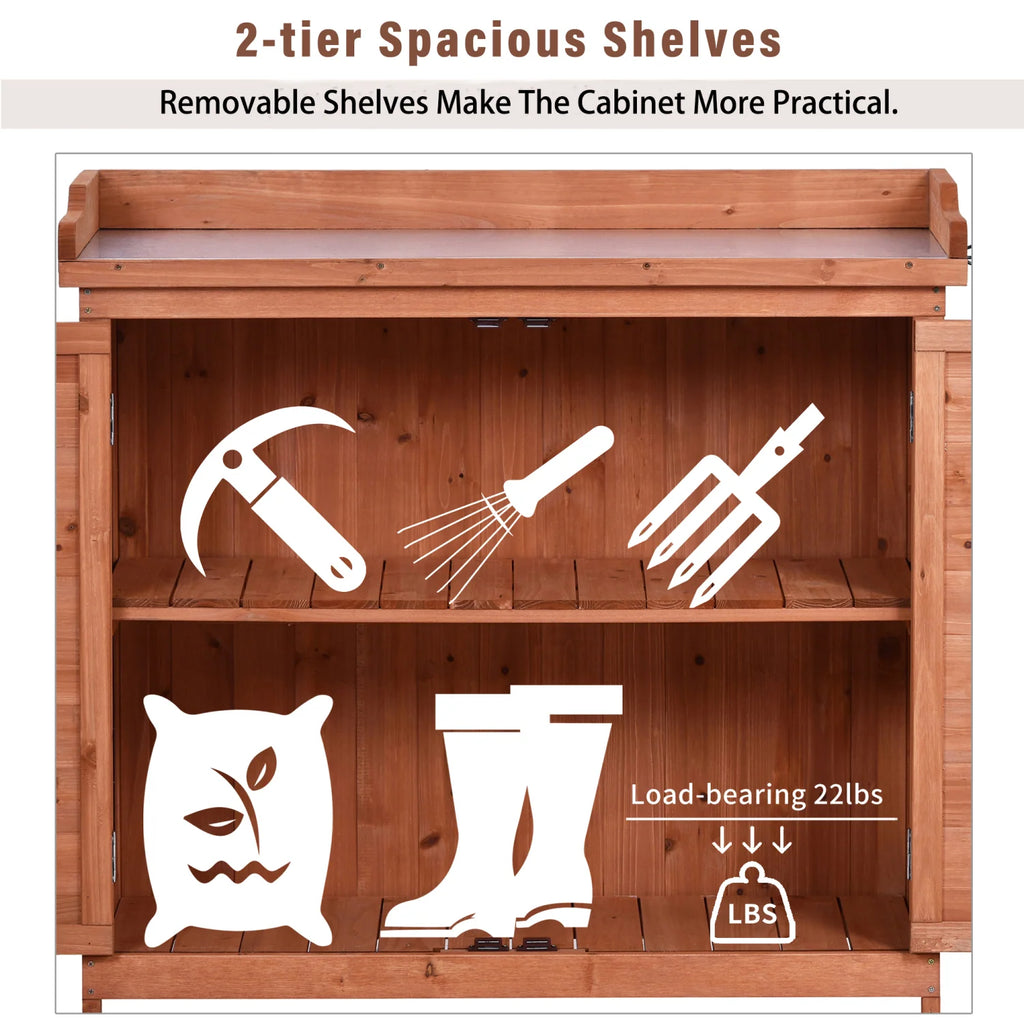 Outdoor 39" Potting Bench Table, Rustic Garden Wood Workstation with 2-Tier Shelves and Side Hooks, Orange