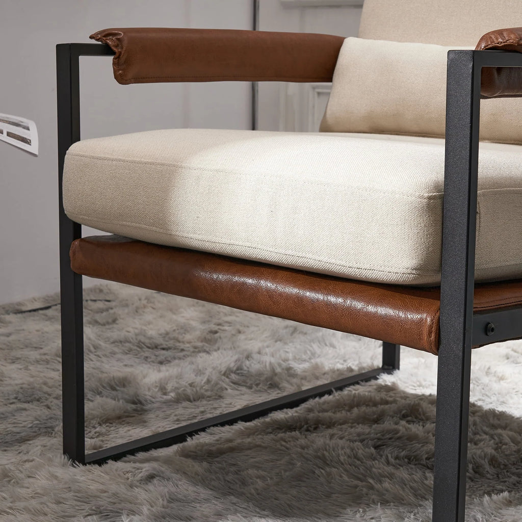 Ktaxon Accent Chair Lounge Armchair Modern Linen Fabric Upholstered Single Sofa with Black Coated Metal Frame Creamy White and Brown