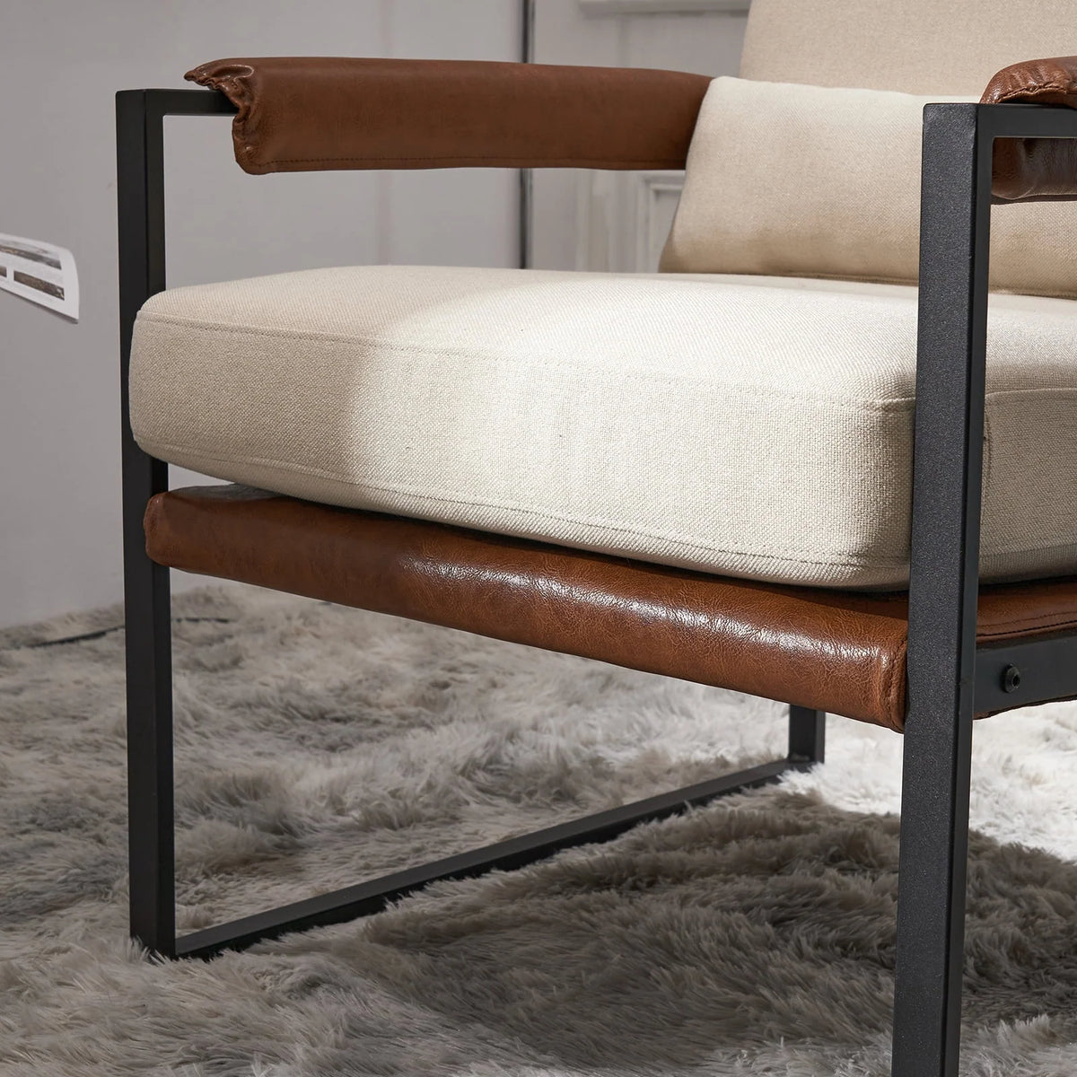 Ktaxon Accent Chair Lounge Armchair Modern Linen Fabric Upholstered Single Sofa with Black Coated Metal Frame Creamy White and Brown