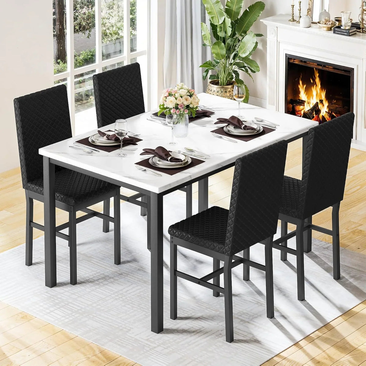 Baxluxe Dining Table Set for 4, Modern 5 Piece Dining Table Set, Faux Marble Kitchen Table and 4 Velvet Upholstered Chairs for Apartments, Dining Rooms, Small Spaces, Gray