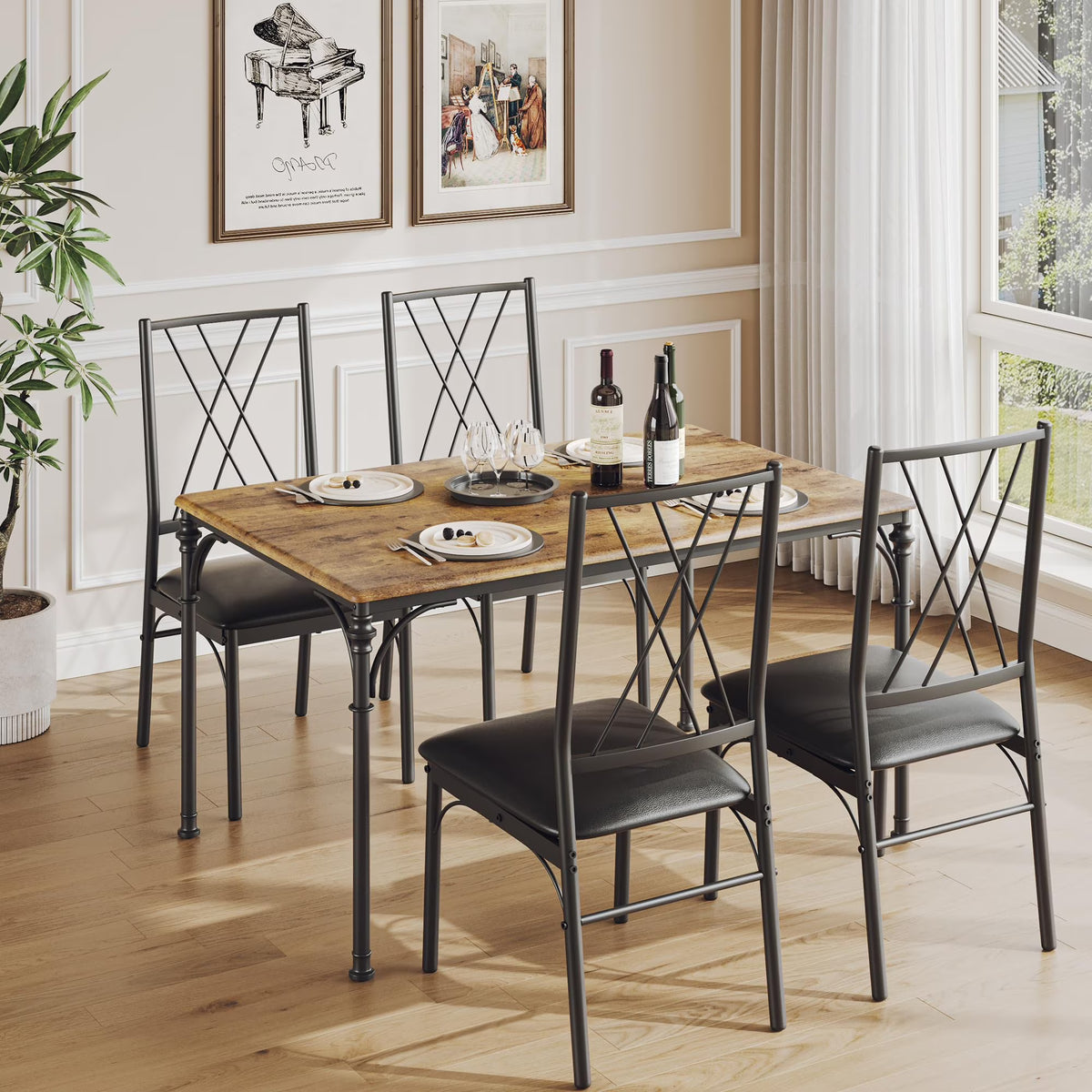 Huisuilinss Dining Table Set For 4,5-Piece Kitchen Table And Chairs Set,Farmhouse Rectangular Dining Room Table Set,Kitchen Table Set With 4 Chairs,Wood Metal Frame Dinette Set For Apartment